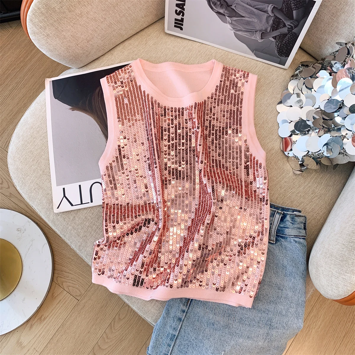 Sequins Stylish Knit Sweater Vests Women Tops Pullovers 2024 Summer Sleeveless Round Neck Elegant Fashion Chic Ladies Jumpers