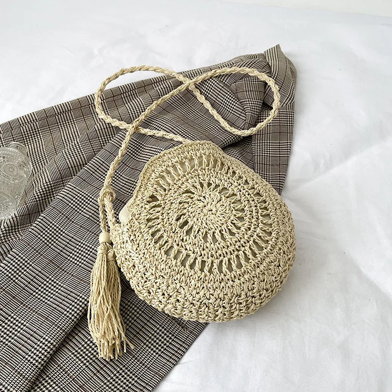 Rattan gewebte Frauen Stroh Umhängetasche kleine Clutch Geldbörse und Handtasche Sommer Strand tasche Frau Quaste Schulter Umhängetasche – Detail 17