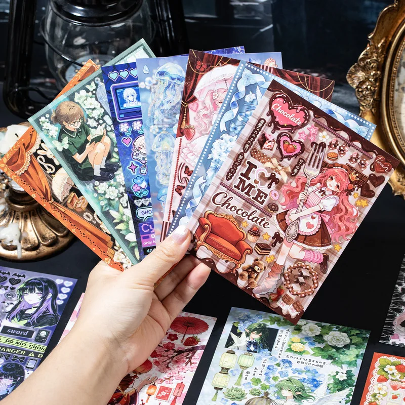 27Pcs Coated Paper Landscape Sticker Book, Inter-frame Imaging Series, Dark Anime Character Scene Stickers for Journal Scrapbook