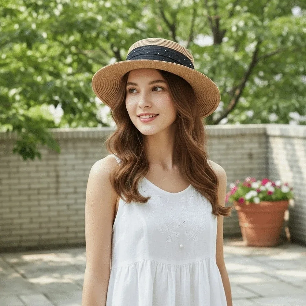 

Korean Style Straw Woven Hat Wide Brim Flat Brim Sunscreen Bucket Hat Concave Top with Rhinestone Women's Sun Hat Spring Summer