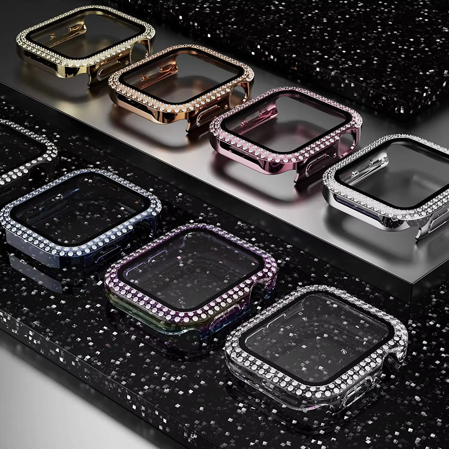 

Bling Glass+Cover For Apple Watch Case 44mm 45mm 41mm 40mm 42mm 44 mm Diamond bumper+Screen Protector iwatch series 7 9 8 5 6 SE