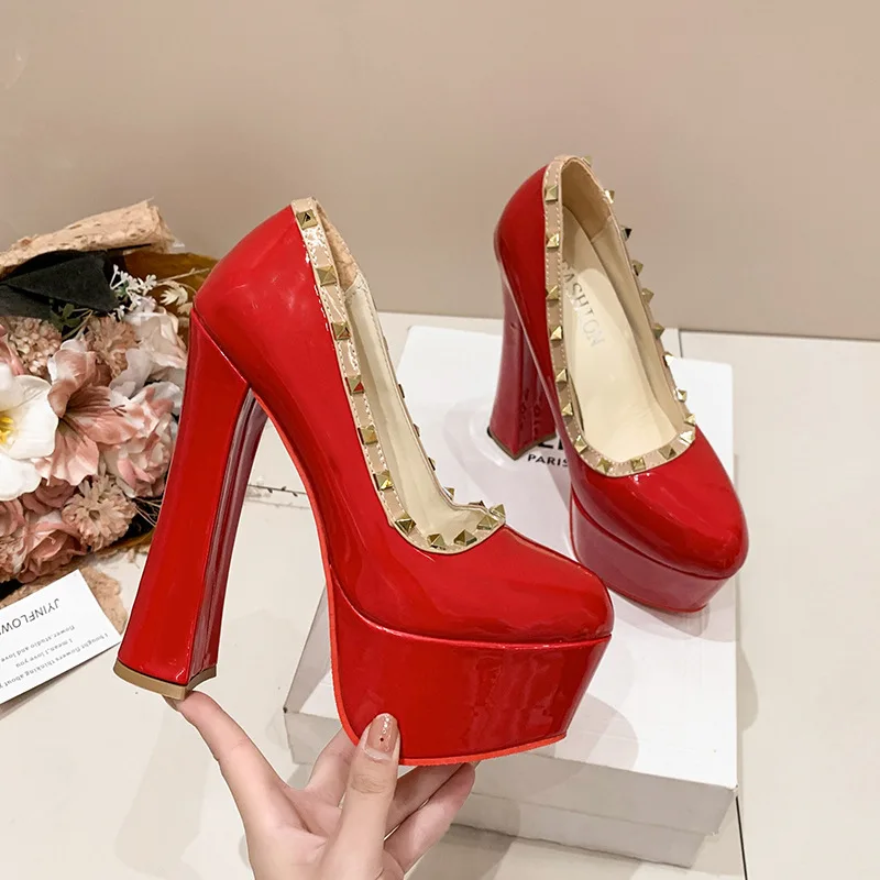 

Sexy Red Bottom High Heels Large Size Women's Shoes Waterproof Platform Thick Heel Single Shoes Round Head PU Material