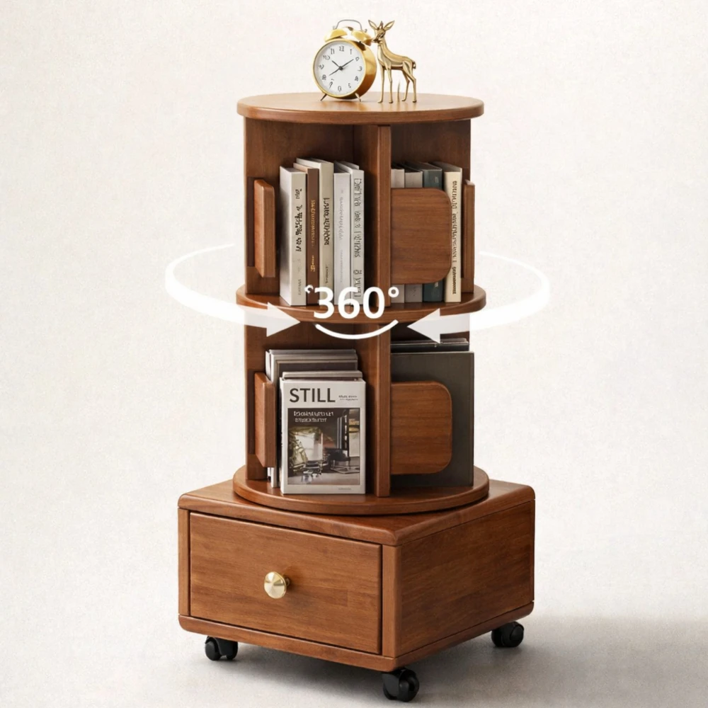 Rotating Solid Wood Bedside Table with Storage, Mobile Bookshelf with Drawer & Wheels for Bedroom Living Room