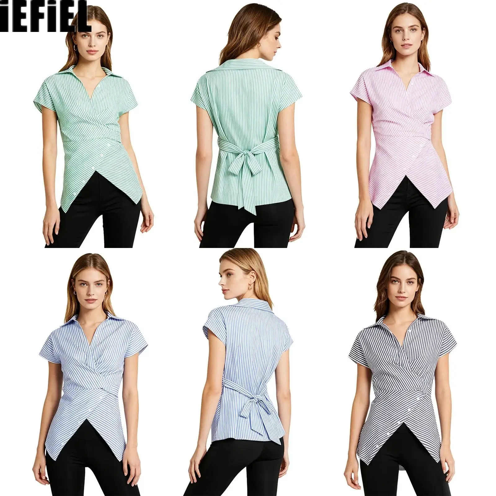 Womens Versatile Striped Blouse Tops Turn-down Collar Short Sleeve Front Button Belted Waist Shirt Chic Irregular T-shirt