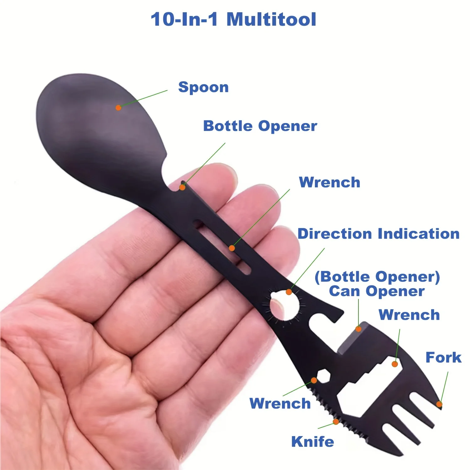

10-in-1 Multi-Tool Spork Set - Stainless Steel Portable Utensil with Spoon, Can Opener, Serrated , Wrench, Direction Indicator,