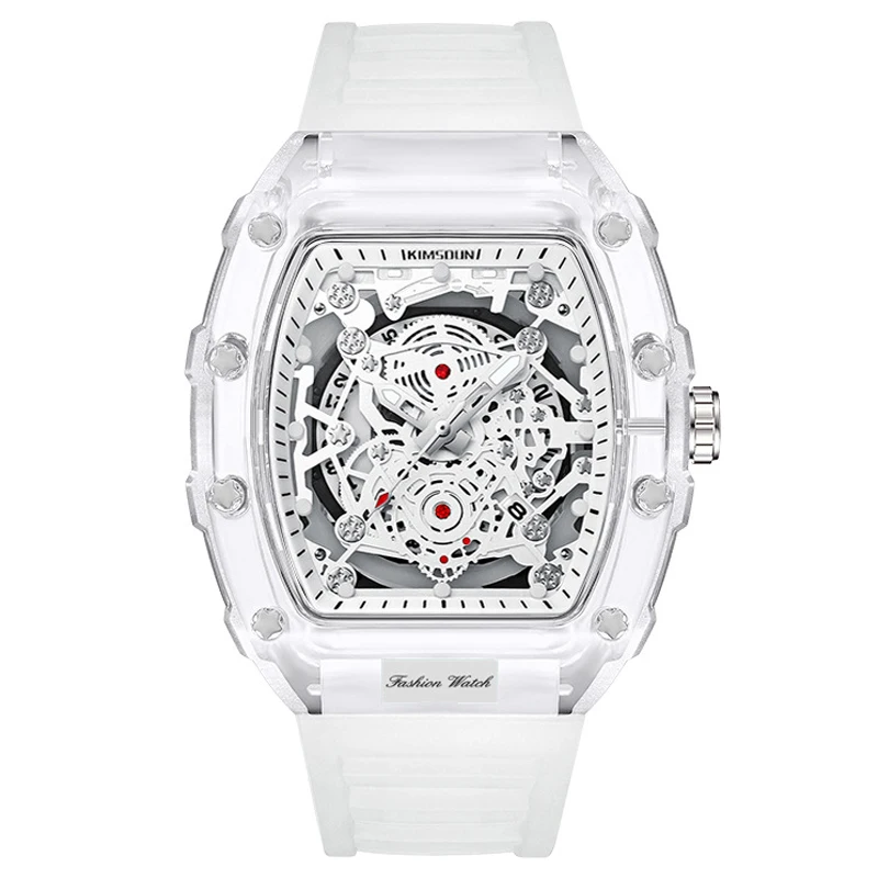Kimsdun Luxe Mannen Horloge Skelet Mannelijke Quartz Polshorloge Mode Witte Sport Mannen Siliconen Horloges Business Man Steampunk Klok