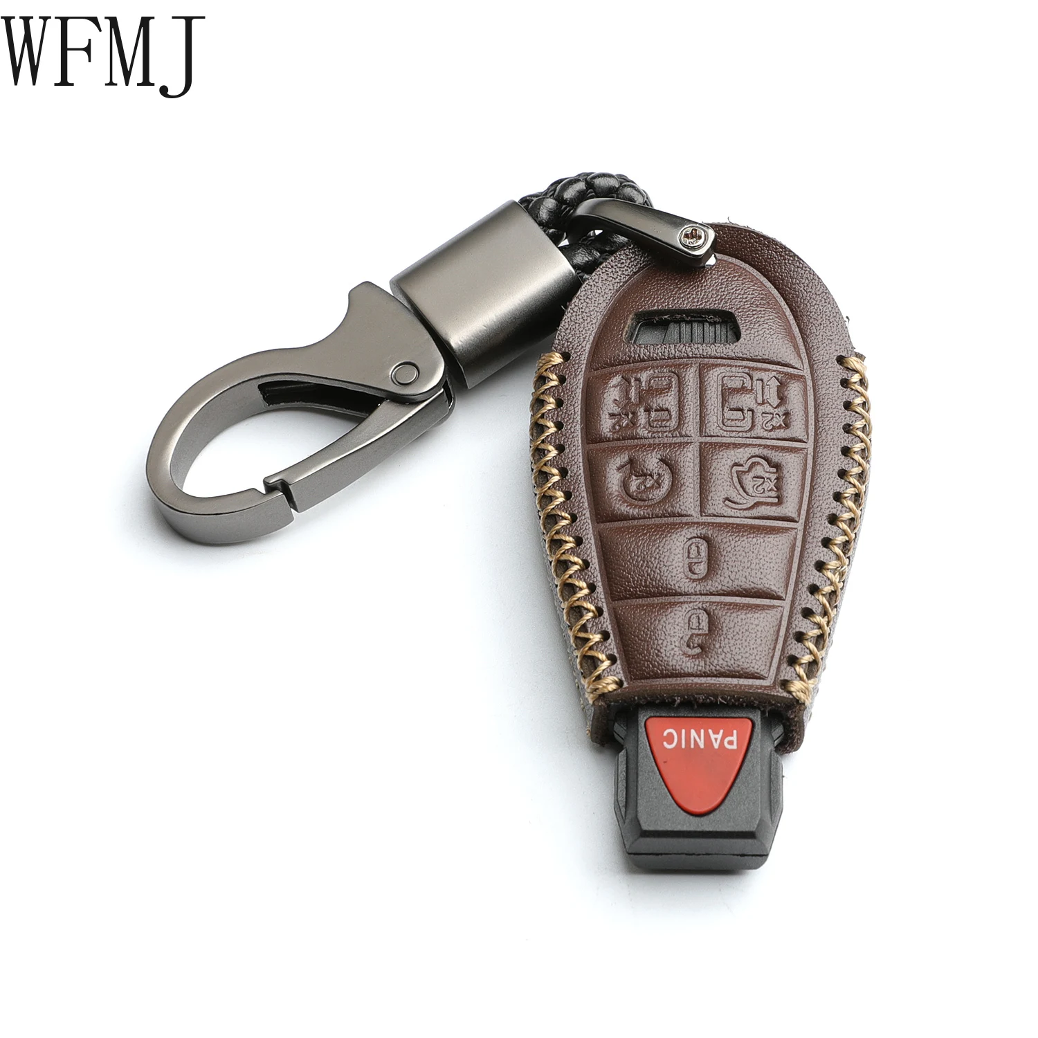 WFMJ Leather for Chrysler Town and Country Dodge Grand Caravan Remote Smart 7 Buttons Key Case Cover Fob Chain