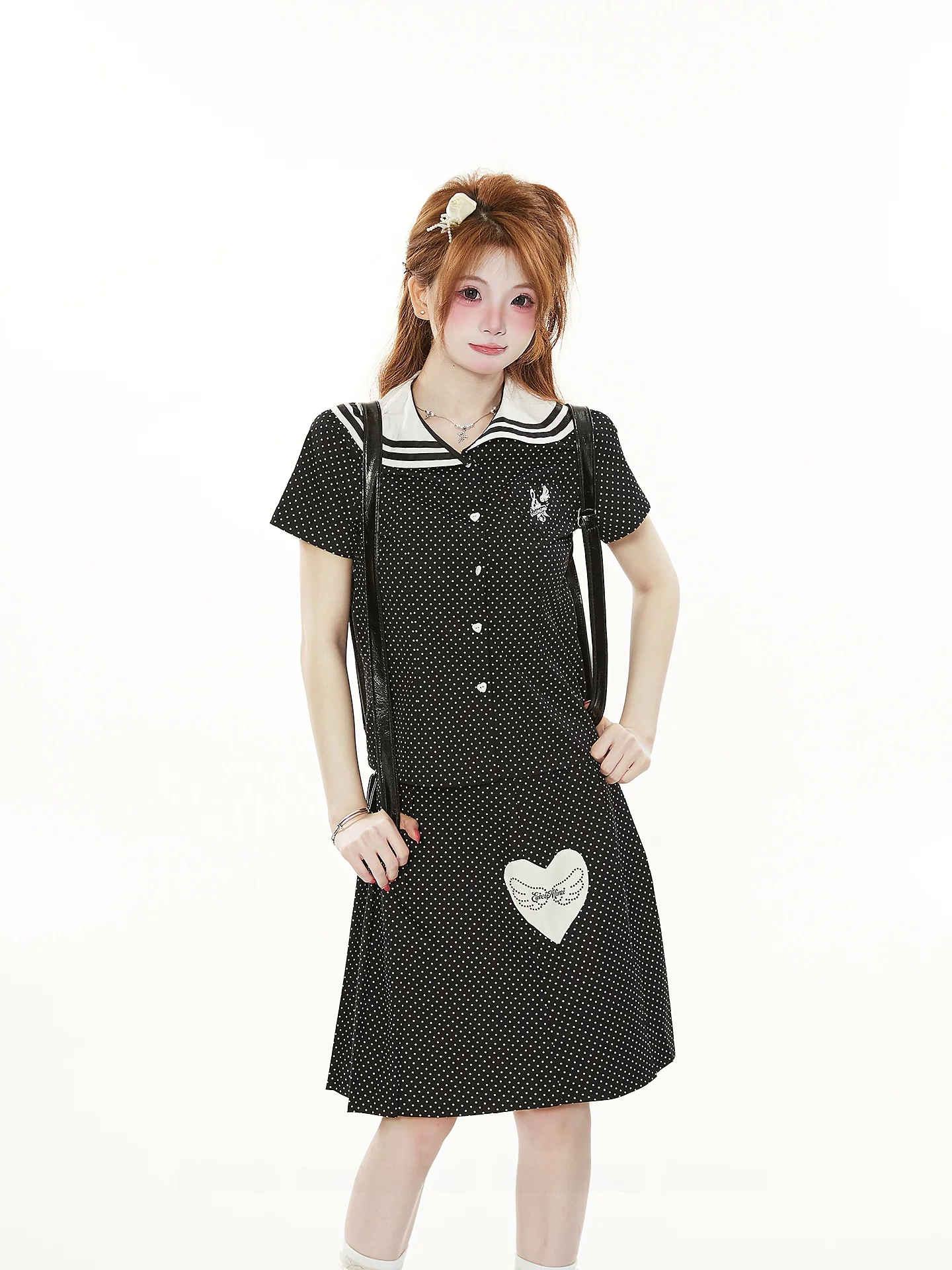 

Summer Unique Polka Dot Navy Collar Short Sleeve Shirt And Half Skirt Two Piece Set Women's Fashion College Style Outfit