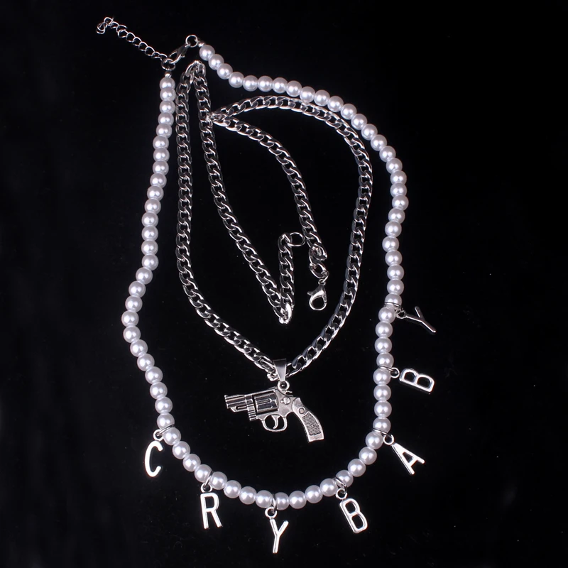 Gothic Punk Grunge Letter Crybaby Imitation Pearl Necklaces Collier Femme Multilayered Pistol Pendant Necklace Jewelry Gifts