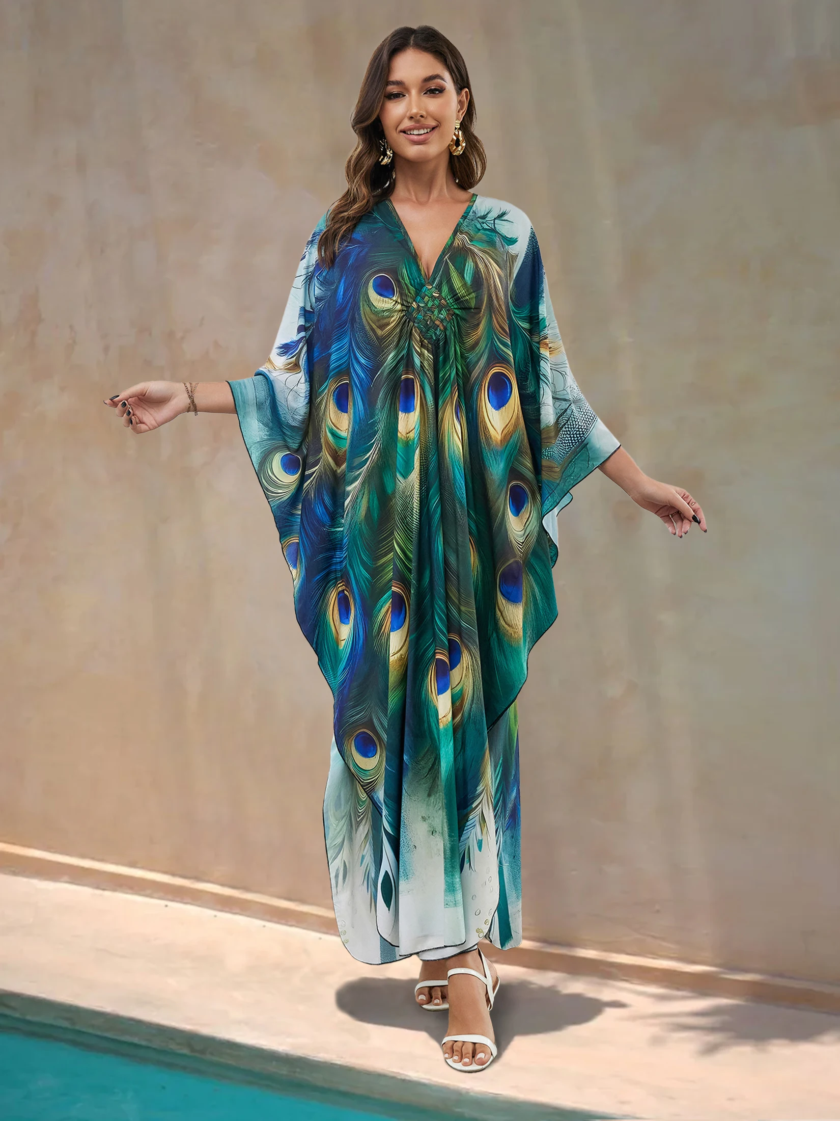 Green Peacock Printed 2024 Summer Boho Sexy V Neck Long Sleeve Side Slit Kaftan Dress Women Beach Wear Maxi Dresses Q1588