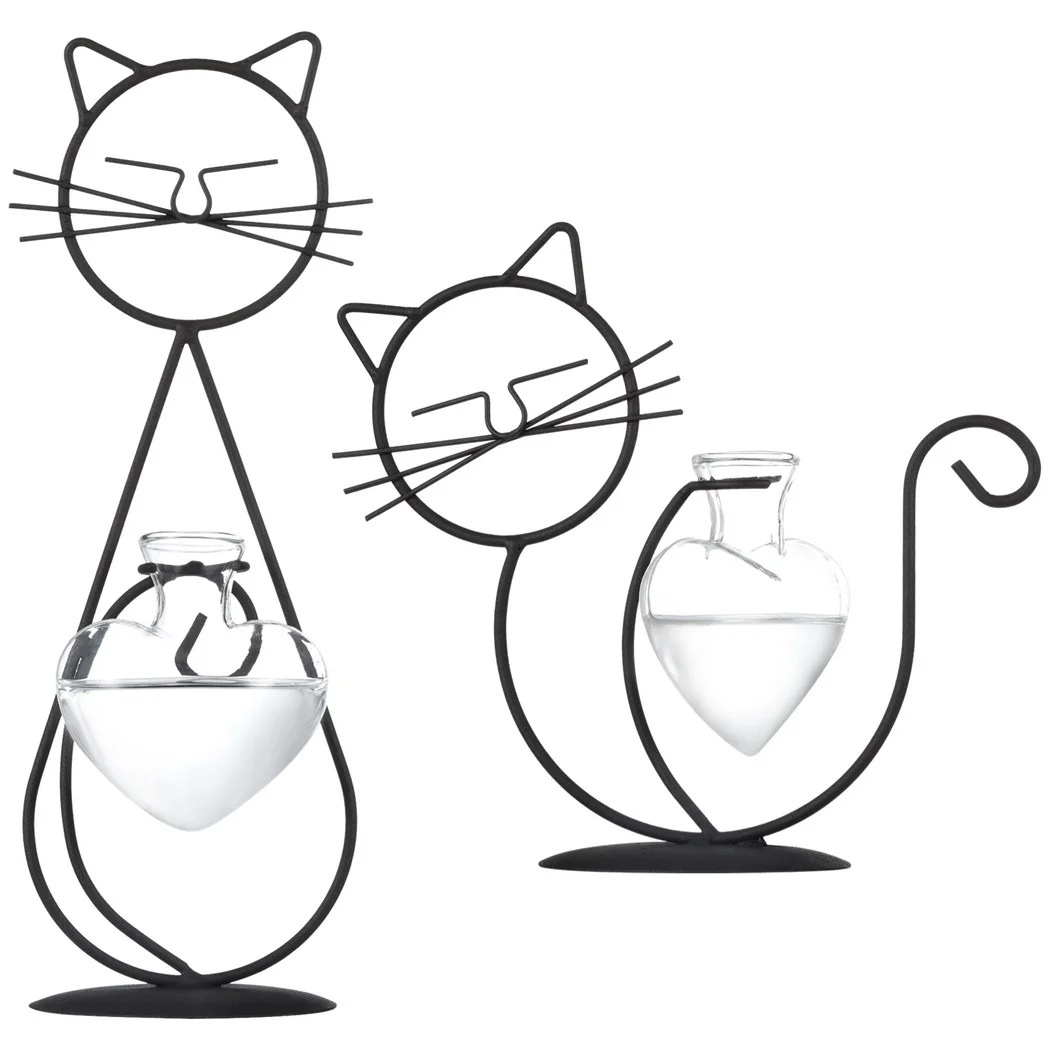 2Pcs Cute Cat Vase Propagation Stations Iron Stands With Glass Hydroponic Bulb Planters Plant Jars Propogation Station Vase