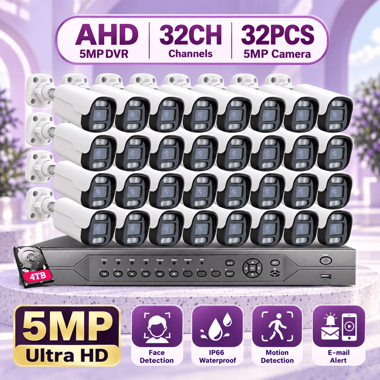32CH 5MP Analog CCTV Kit Outdoor Face Detection 32 Channel AHD DVR Set 32PCS BNC Bullet Security Surveillance Camera System 24CH