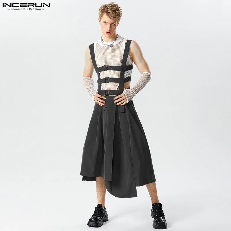 Casual Fashion Style Bodysuit INCERUN Men Pleated Design Skirts Pants Male Irregular Hem Solid Straps Half Skirt Jumpsuits S-5XL