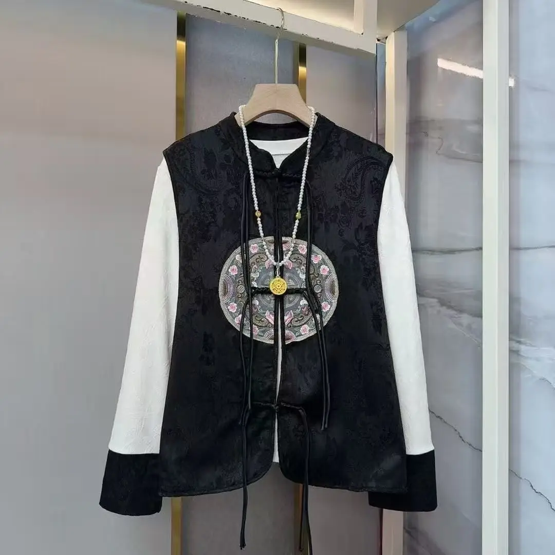 

Traditional Chinese Clothing Women Coat Embroidered Vest Two-piece Set Spring Autumn New Tassel Buckle Top