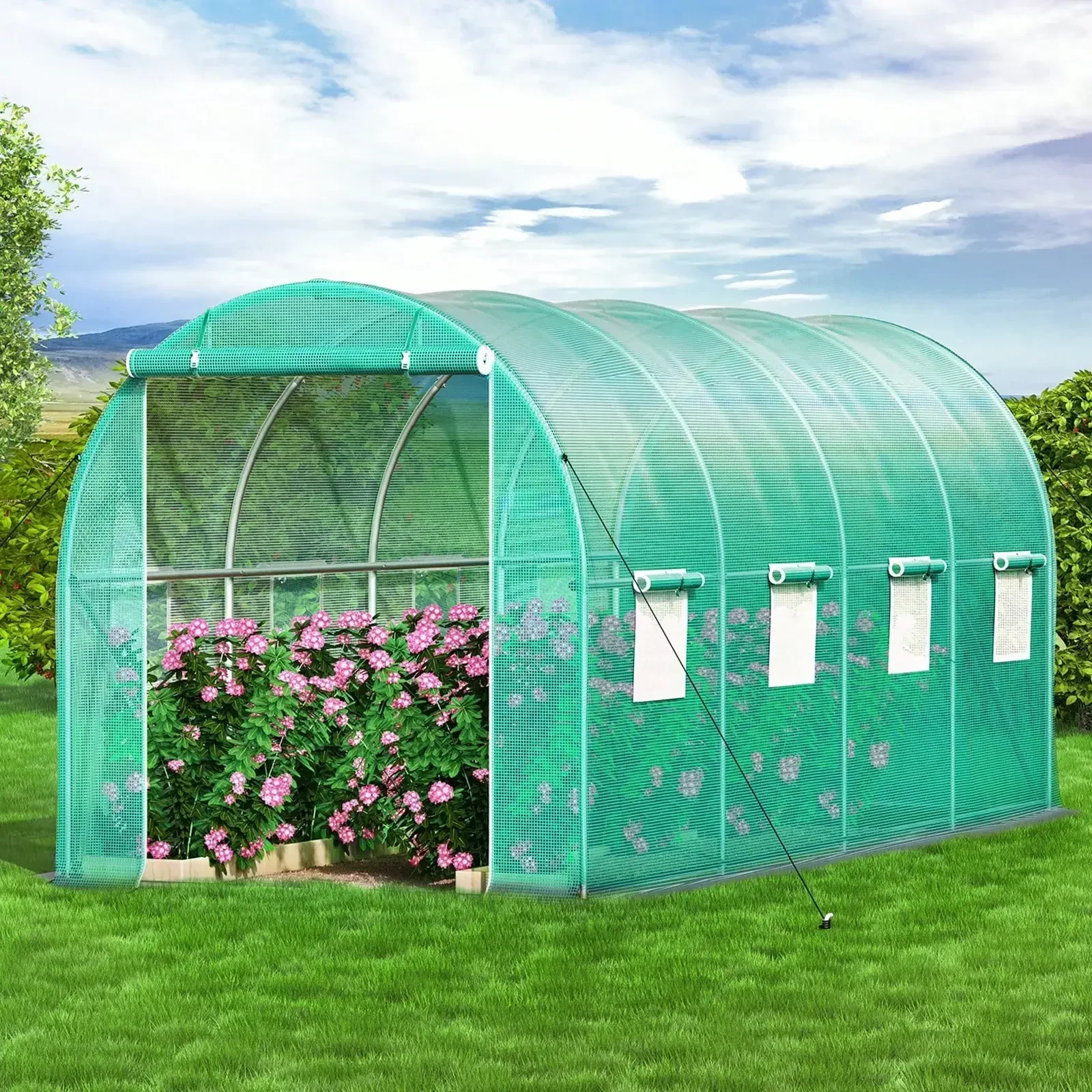 Walk‑In Tunnel Greenhouse, 10×7×7ft‑20×10×7ft Portable Plant Hot House with Galvanized Steel Hoops, Top Beams, Diagonal Support Poles, Zippered Door & Roll‑Up Side Windows, Green