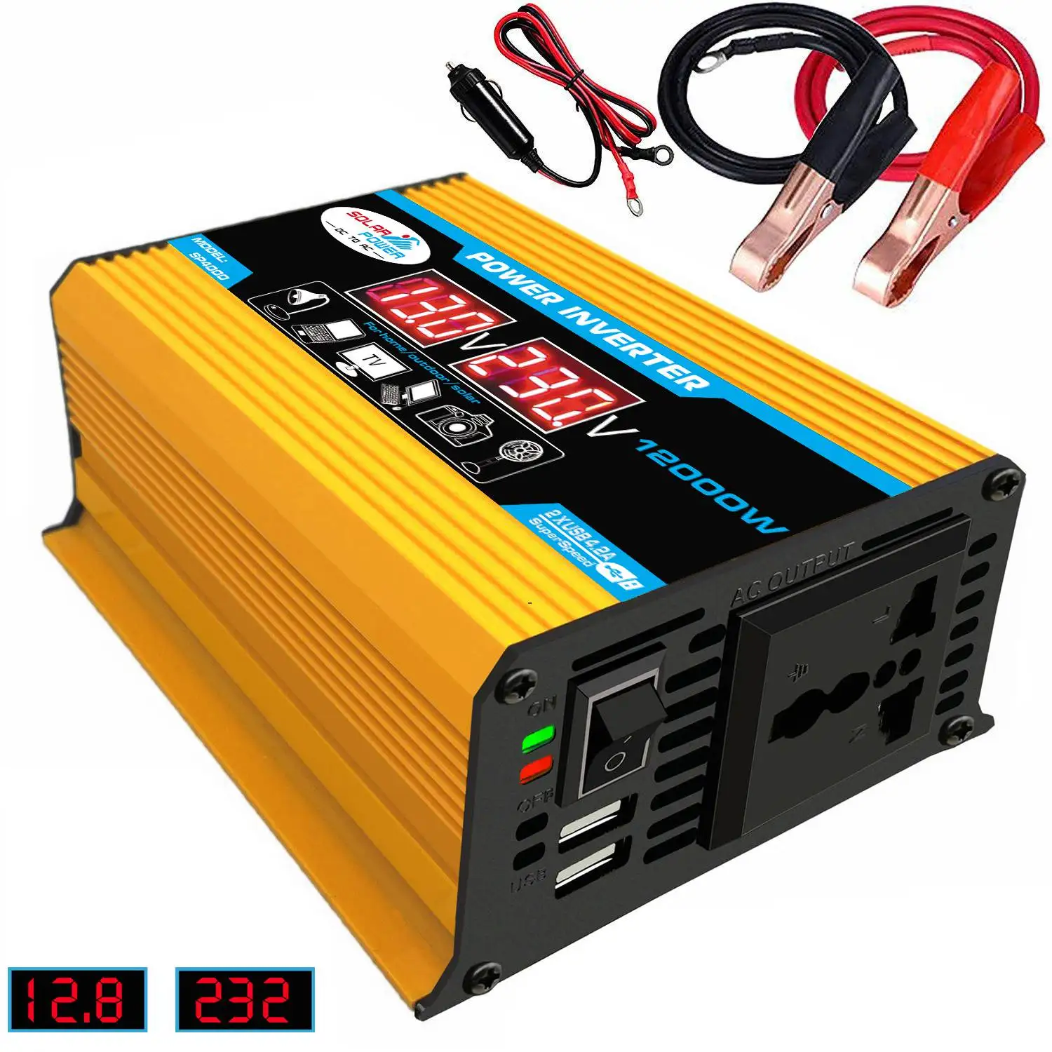 Car Power Inverter 12000W Output DC 12V to AC 220V Transformer with USB Charging Support for Road Trips and Use
