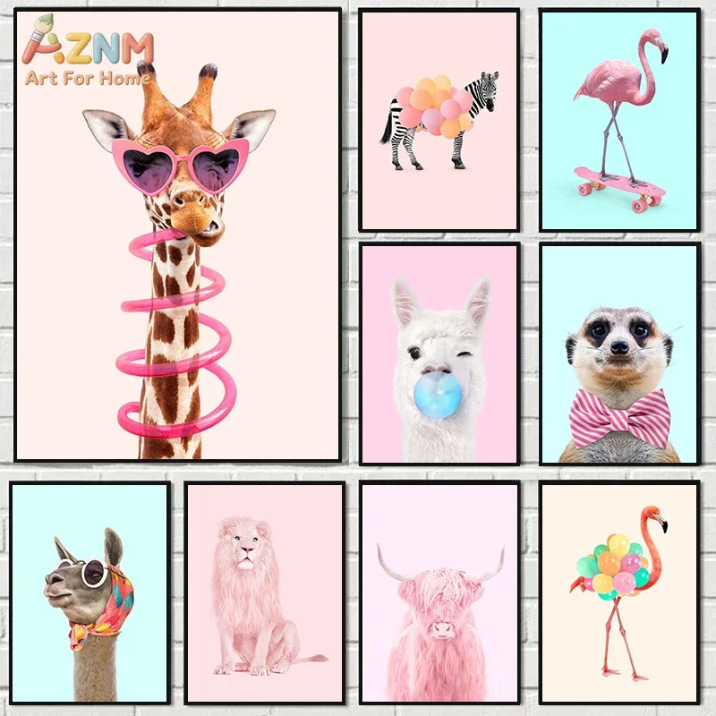 AZNM Funny Cool Animals Flamingo Giraffe Alpaca Pink Canvas Wall Art Print Decor