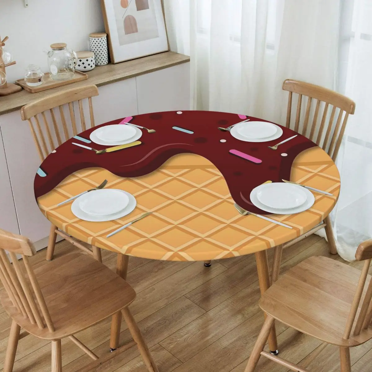 Ice Cream Waffle With Chocolate Waterproof Round Tablecloth Oilproof Table Cloth for Kitchen Events Dining Table Cover