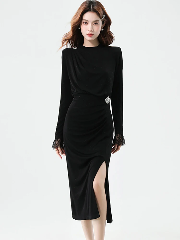 2025 negro de manga larga Chic diamantes plisado ceñido vestido largo mujeres Vintage Hepburn ropa de graduación Otoño Invierno Vestidos elegantes