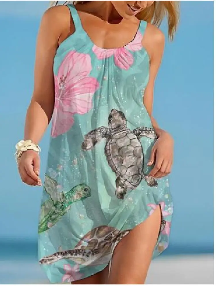 New Women Summer Beach Sexy Sleeveless Cute Turtle Print Dress Spaghetti Straps Casual Outfits Hawaiian Sundresses for Women