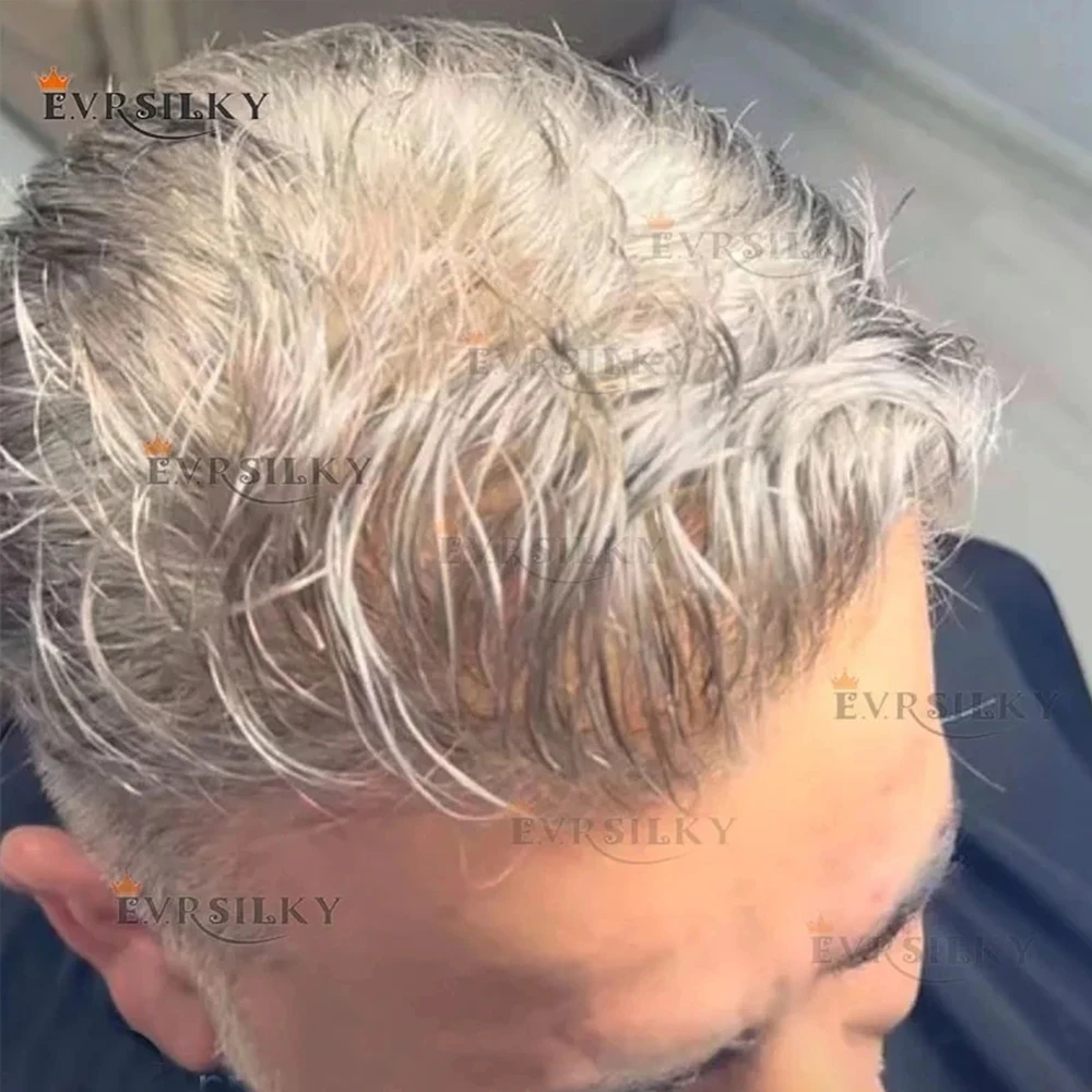 80%Density Invisible 0.02mm Thin Skin  Men's Hair Prosthesis 1b30 #240 Grey Human Hair Mens Toupee Natural Hairline Man's System