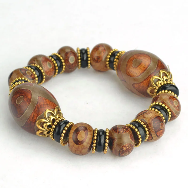Тибетский старый браслет из бисера Дзи, трехосный браслет из необработанного камня для мужчин и женщин, агатовый браслет из бисера Дзи, ретро-браслет
