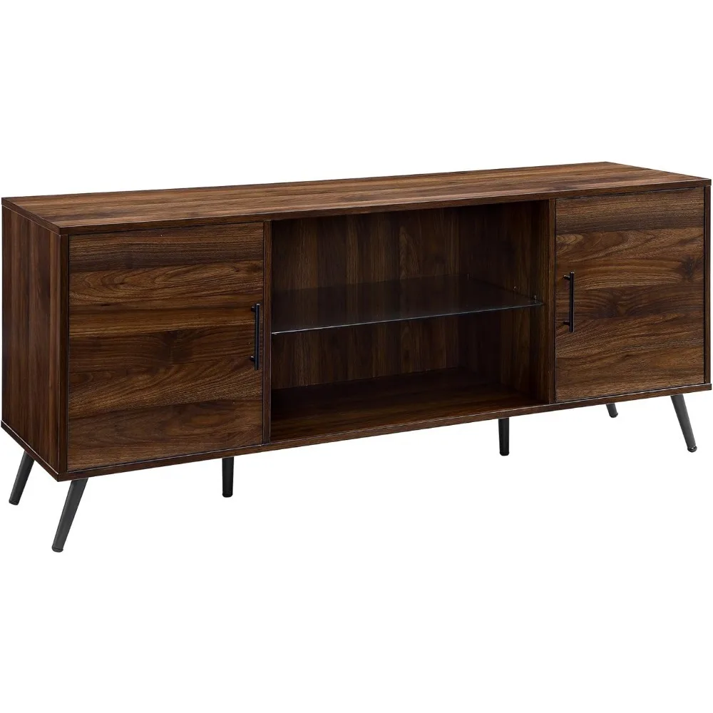 Walker Edison Saxon Mid Century Modern Glass Shelf TV Stand for TVs up to 65 Inches, 60 Inch, Walnut