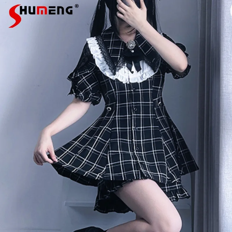 

Japanese Rojita Mine Series Y2k Subculture Summer Autumn Women's Lace Edge Short-sleeved Single-breasted Plaid Dress Shorts Sets