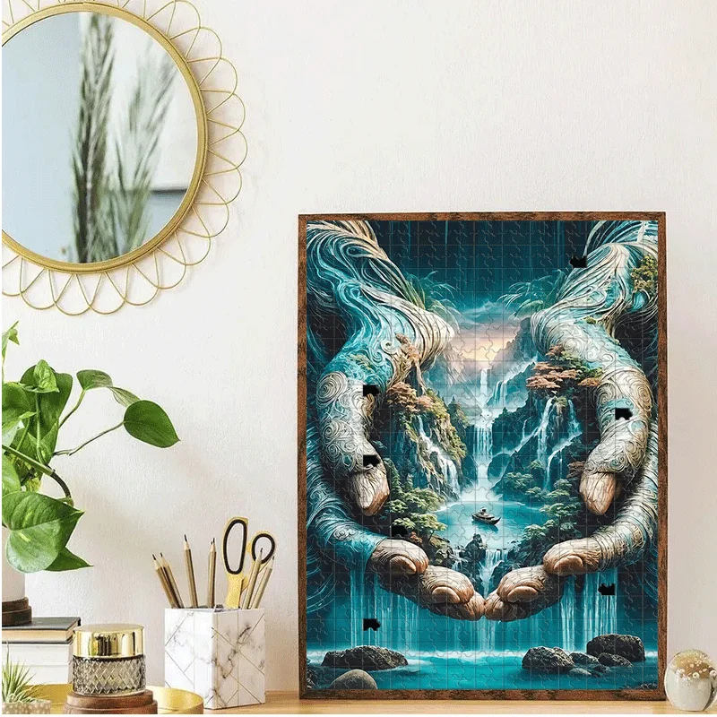 Handen, landschap en waterval met bootpuzzel - 500 stuks/1000 stuks volwassen puzzel voor interactieve familiespellen en kamergenootverlijming