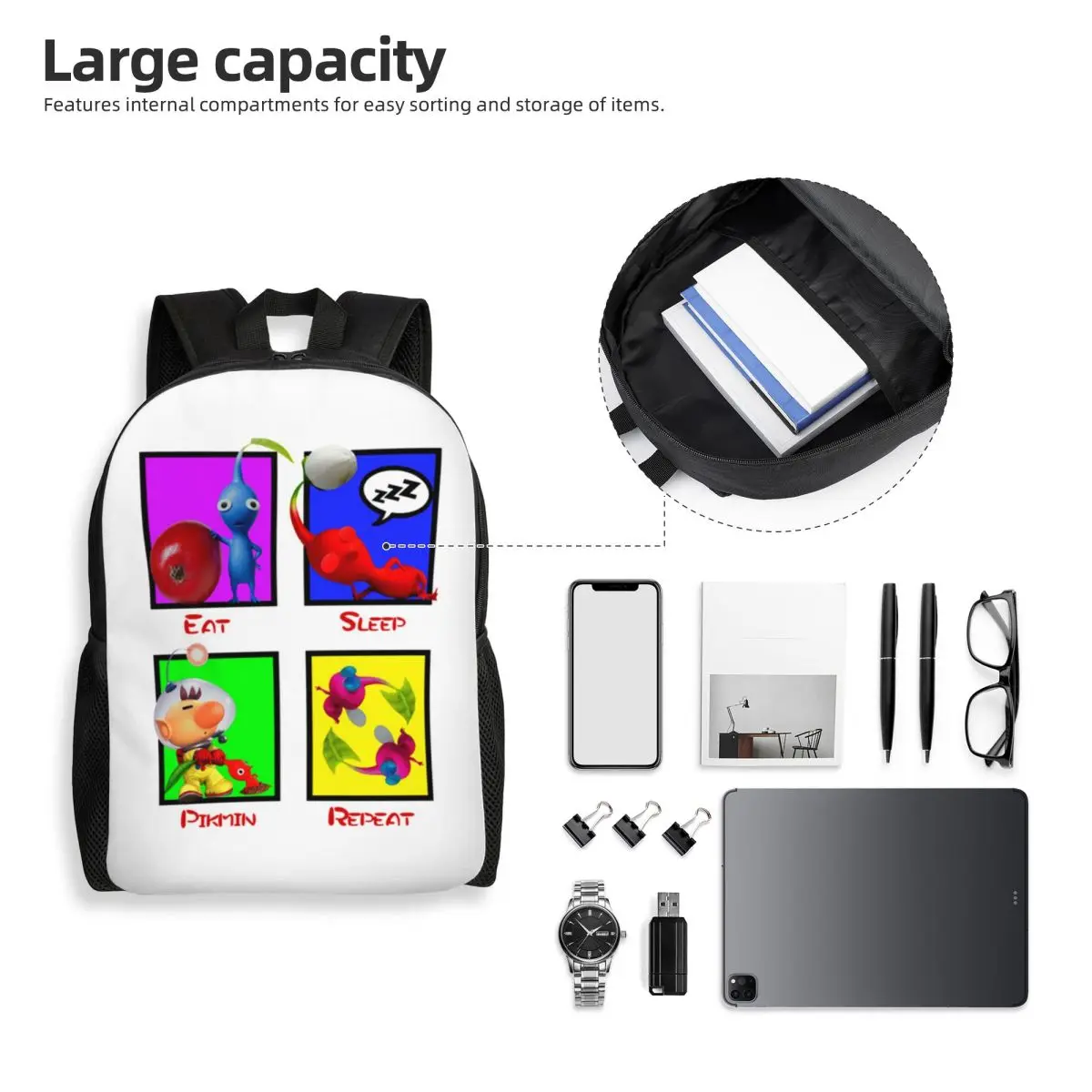 Eat Sleep Pikmin Repeat Backpack Student Boys Girls BookBag School Bag Laptop Shoulder Bags