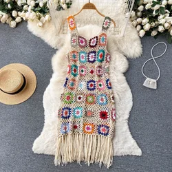 Bohemian Handmade Crochet Hollow Retro Fresh Camisole Skirt Summer New Knitted Tassel Dress