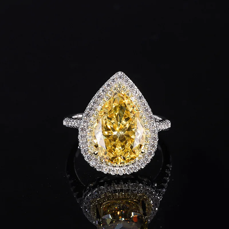 18K Gold Inlaid with PT950 Platinum Color Treasure High Carbon Diamond Yellow Diamond Drop-shaped Bi-port Hand Jewelry Ring10*14