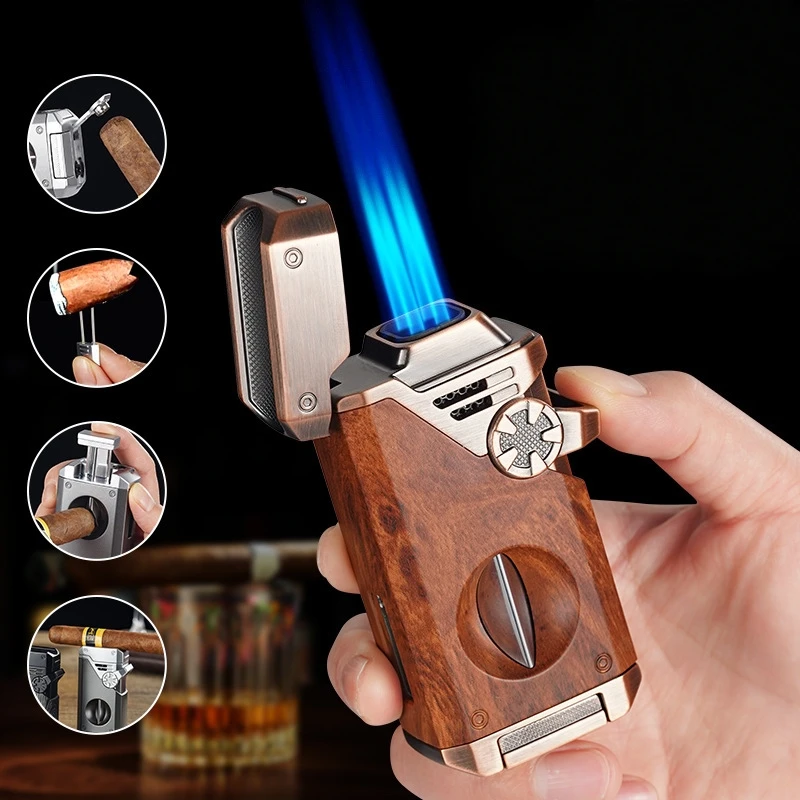 

New 5-in-1 Cigar Lighter with Four Blue Flames Outdoor Windproof Lighter Multi Functional Cigarette Accessories Men's Gift