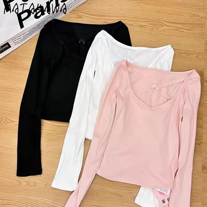 Matakawa t camisa para mulher rendas retalhos primavera outono sólido sexy ropa de mujer bandagem vintage básico moda camisas