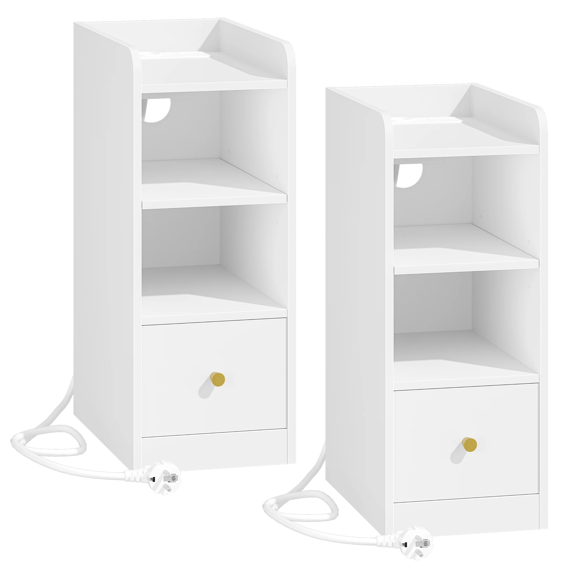 Nachtkastjesset van 2, met oplaadstation, USB- en Type C-aansluiting, 3 opbergniveaus met 1 lade, zwart