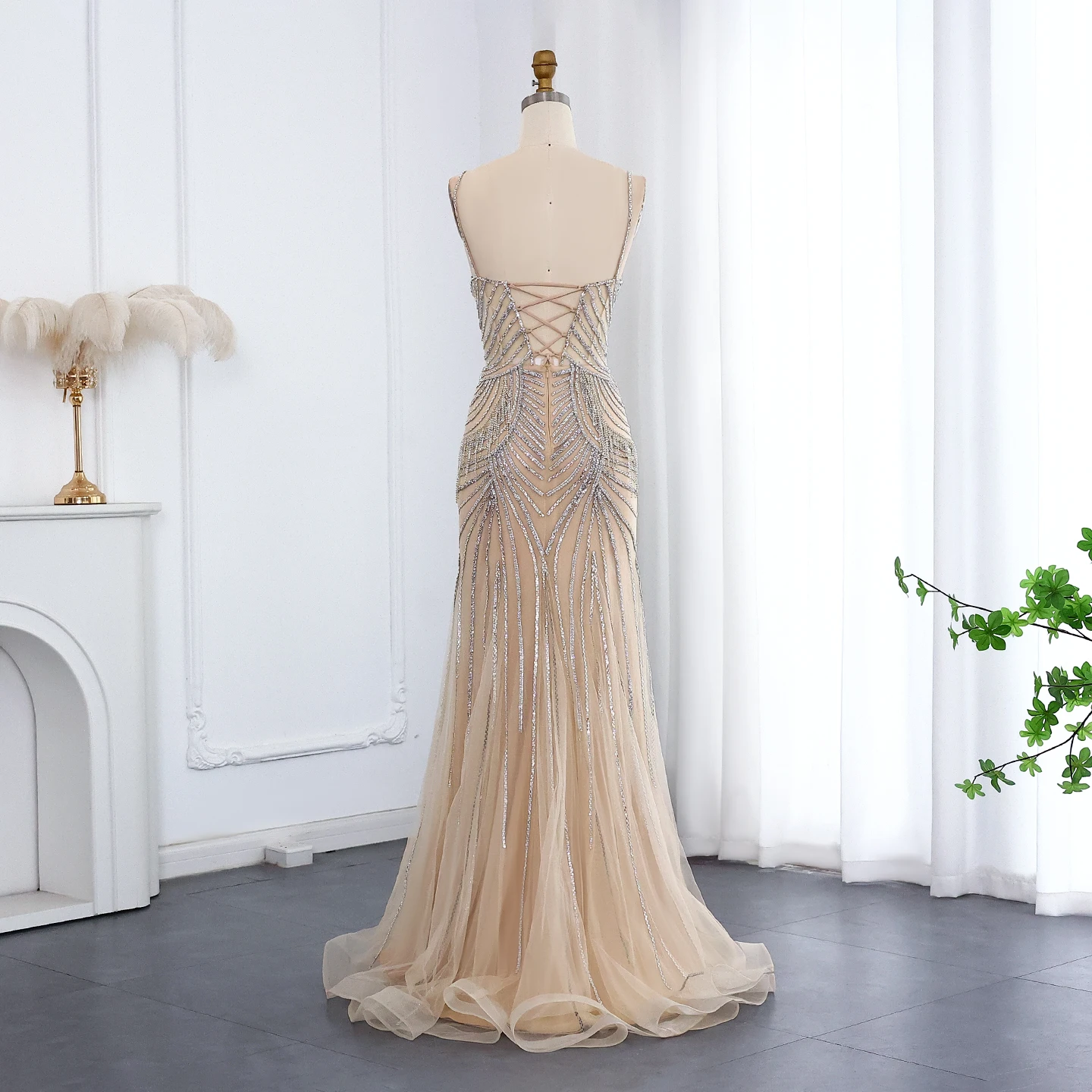 Sharon Said Luxuriöses Champagner-Abendkleid mit Spaghettiträgern, Perlenbesetztes Meerjungfrauenkleid, bodenlang, für formelle Anlässe und Partys, SS029, maßgeschneidert – Detail 9