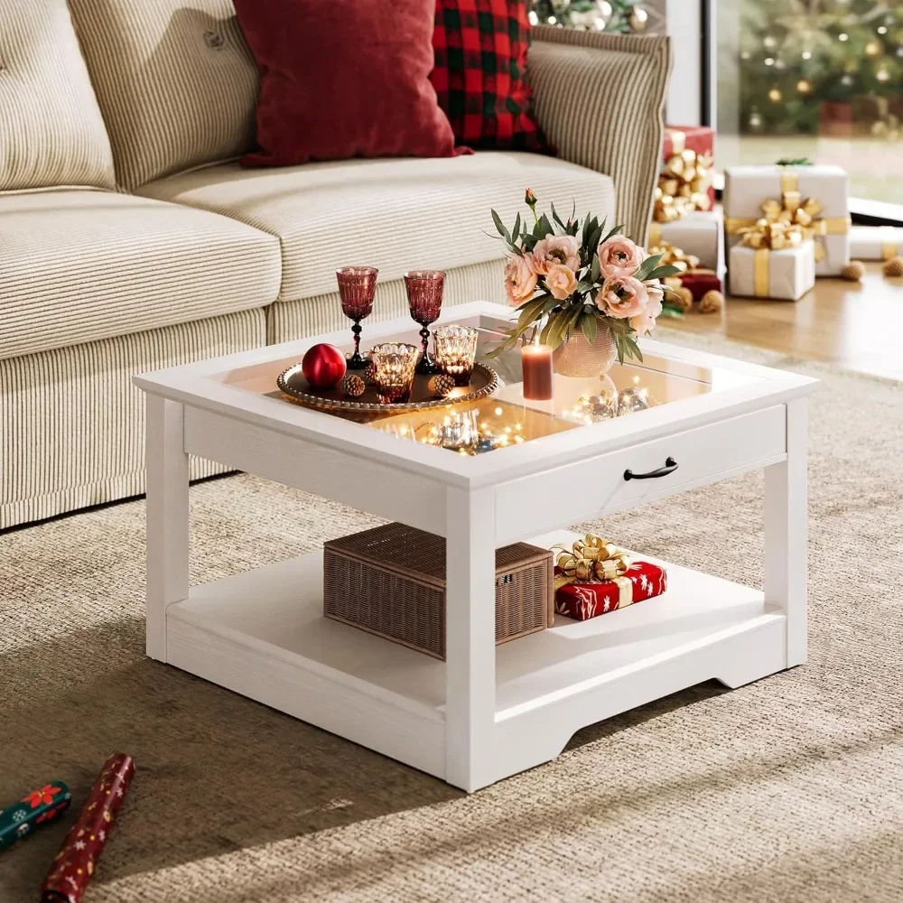 Square Coffee Table with Glass Tabletop, Open Display Area and Storage Drawer, Modern Farmhouse Center Table for Living Room