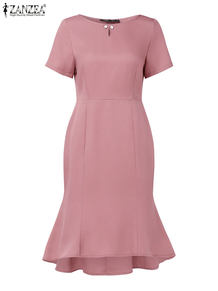 ZANZEA Elegant Womens Mermaid Cocktail Dresses 2025 Fashion O-Neck Short Sleeve Slim-Fit Party Robes Femme Knee-length Dress
