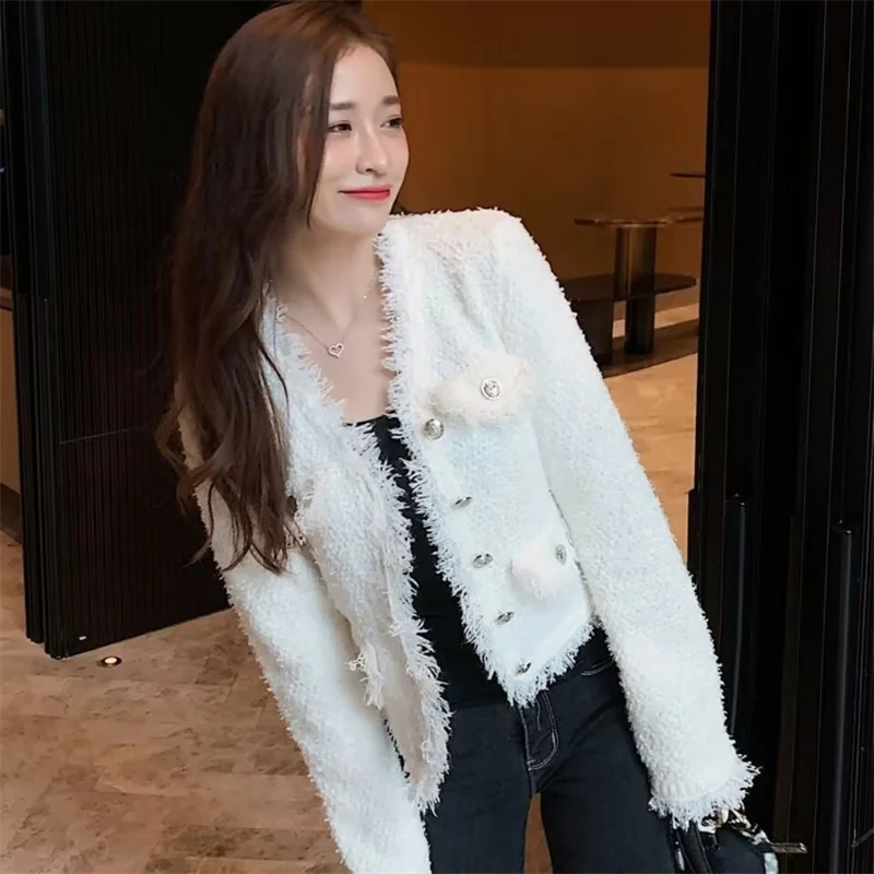 เสื้อแจ๊กเก็ตเสื้อผ้าผู้หญิงเสื้อแจ็คเก็ตลมหอมสั้น Retro พู่ถักแขนยาวเสื้อสเวตเตอร์ถัก emperament สุภาพสตรี JOKER TOP