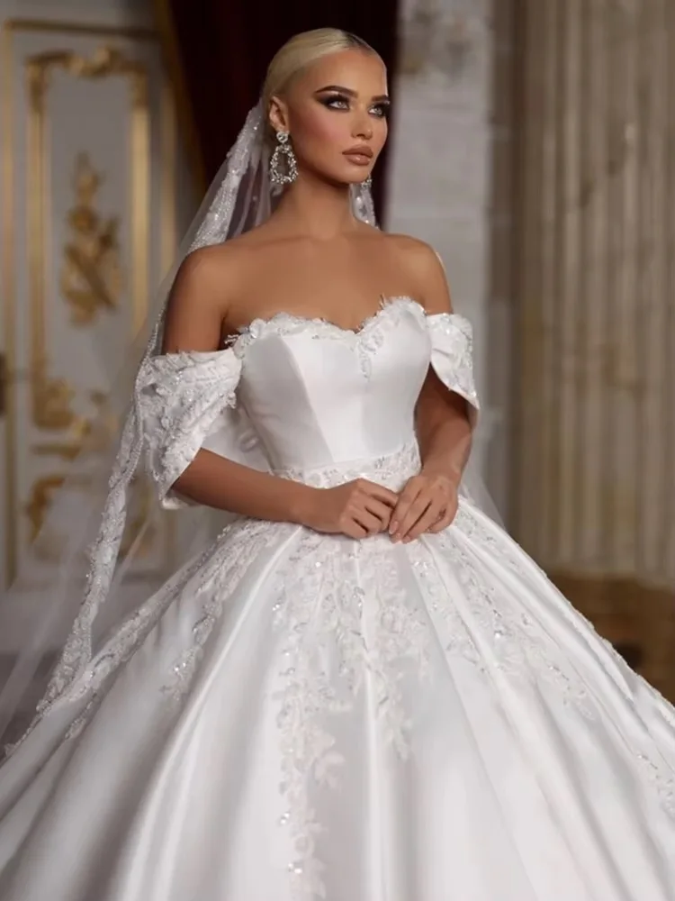 Vestido De Novia personalizado con forma De corazón, apliques De lentejuelas De princesa con hombros descubiertos, corte en A, con cordones en la espalda, Vestido De Novia