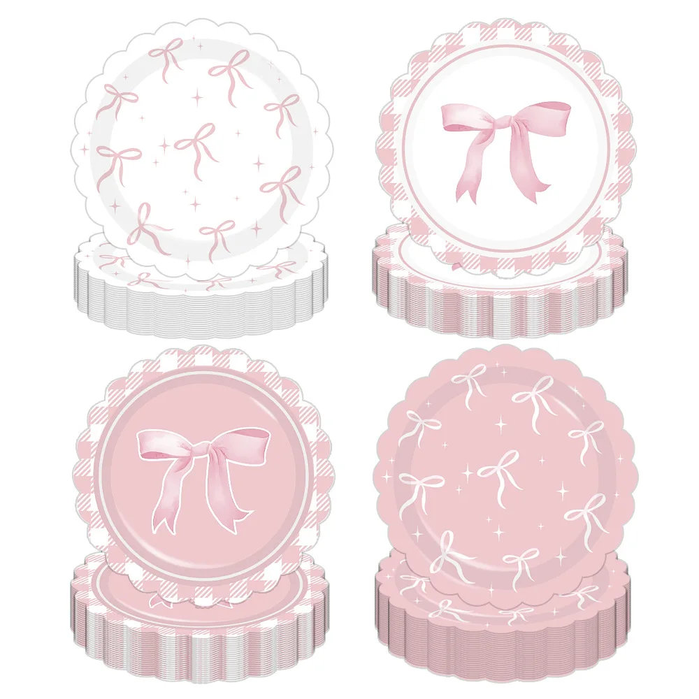 Bonitos platos con lazo desechables, plato de papel de 7 pulgadas, pancarta con lazo rosa, adornos para pasteles, decoración de cumpleaños, globos de látex, suministros para fiestas colgantes