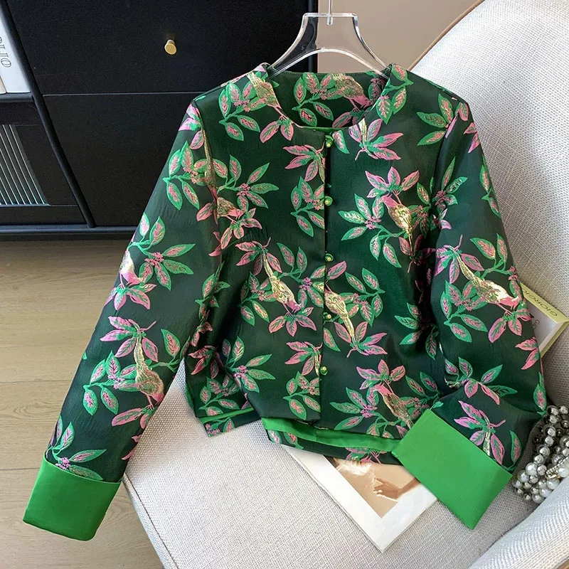 Grüne Jacquard-Jacke für Damen, Langarm, Frühjahr/Herbst 2026, Neuer Modischer Chinesischer Stil, Einreihiges Tang-Oberteil