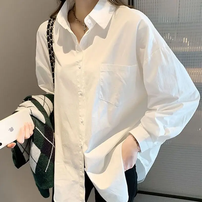 

Preppy Style White Shirt Spring Autumn New Long Sleeve Polo Neck Solid Color All-match Shirt Tops Fashion Korean Women Clothing