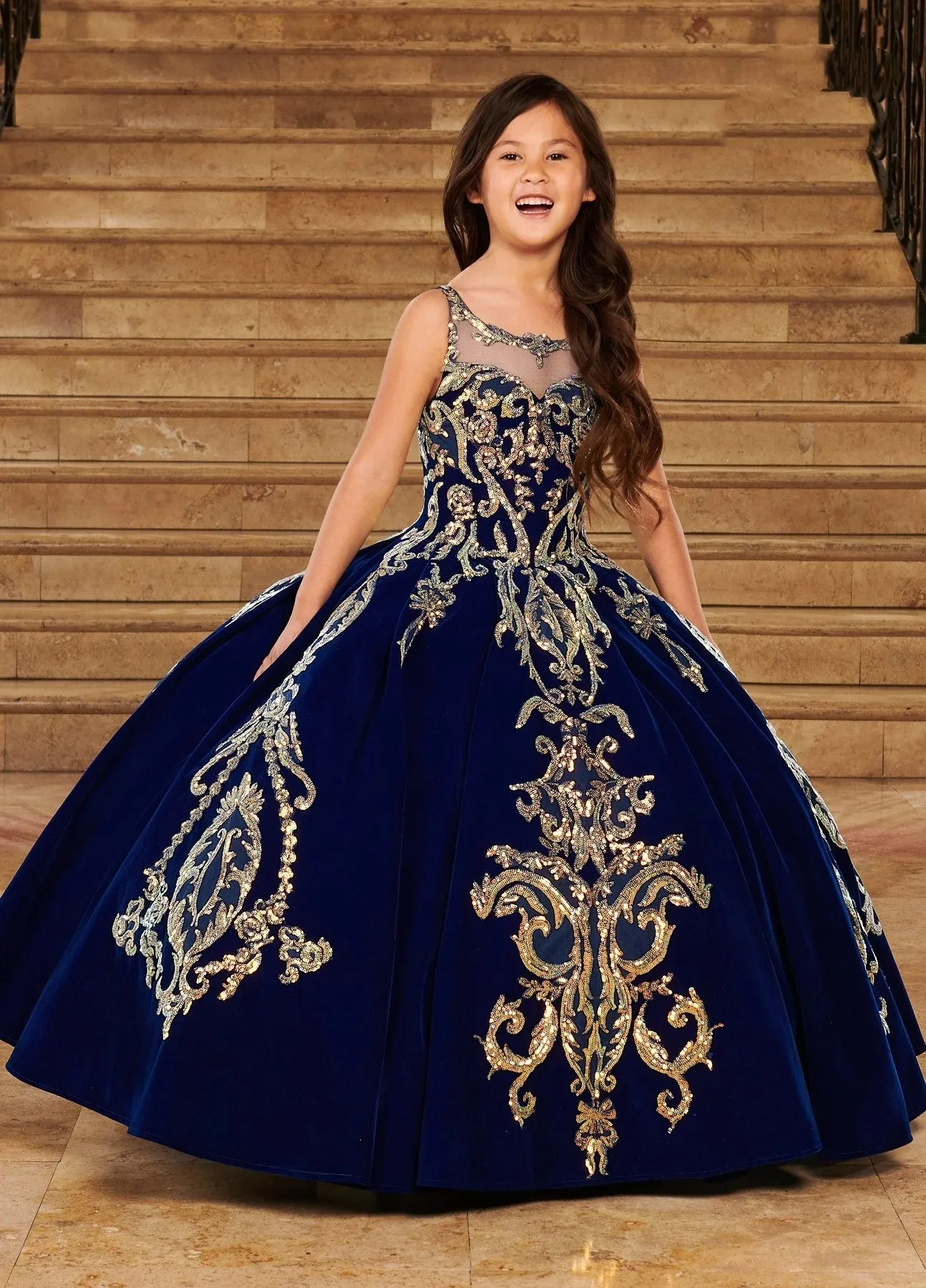 

Navy Blue Mini Quinceanera Dresses Ball Gown Scoop Appliques Flower Girl Dresses For Weddings Mexican Pageant Dresses Baby