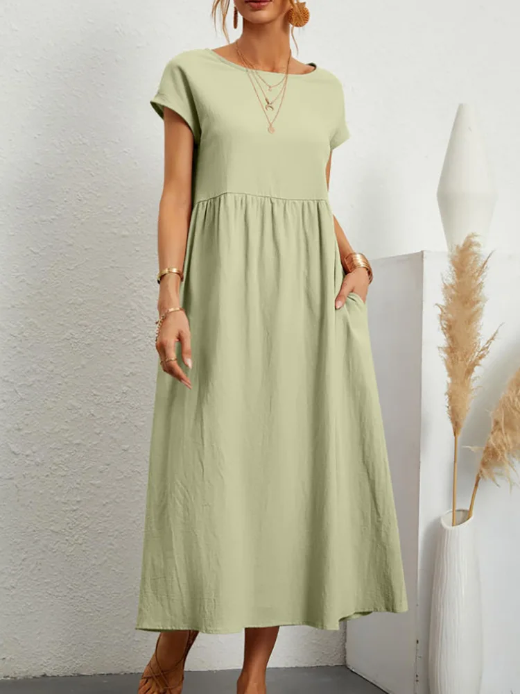 Women Elegant Solid Dresses Summer Casual O Neck Short Sleeve Cotton Sundress Vintage Loose Pockets Y2K Long Dress Vestidos Robe