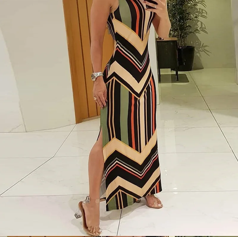 Colorful Striped Print Side Slit Maxi Dress Women Colorblock Sleeveless Slim Long Dresses Summer Streetwear Vestidos LA4Q