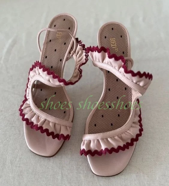 Lady Flower Pink Pleated Design Pu Slingback Pumps Open Toe Back Strap Party Stiletto Heel Pink Summer Slippers Footwear Size 46