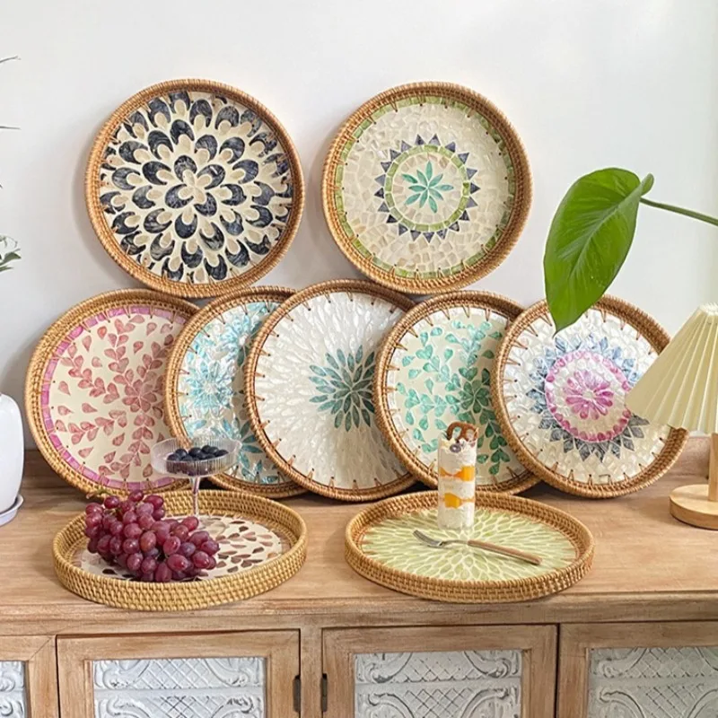 

Круглые корзины для хранения, поднос из ротанга, корейский стиль, украшение в виде ракушки, поделки, домашняя креативная тканая корзина для хранения закусок, фруктов, всякой всячины