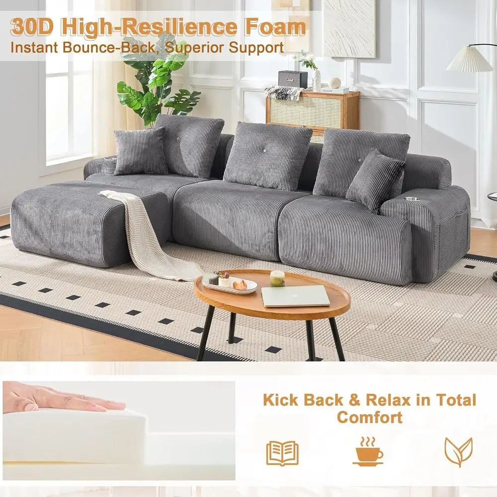 Deep Seated Cloud-Inspired L-Shape Sofa, Grey, for Living and Bedroom Comfort