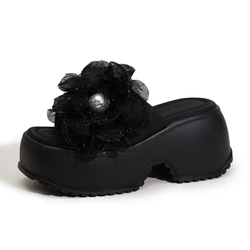 

Женские шлепанцы на высоком каблуке 8 см, летние уличные сандалии с цветочным узором и узлом-бабочкой, удобные пляжные шлепанцы на массивной резиновой подошве